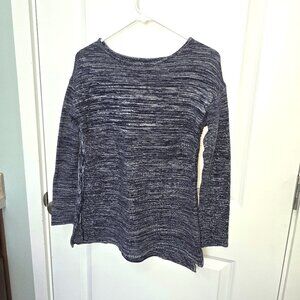Ellen Tracy Marled Knit Sweater Top Large - Navy Blue White Long Sleeve Casual
